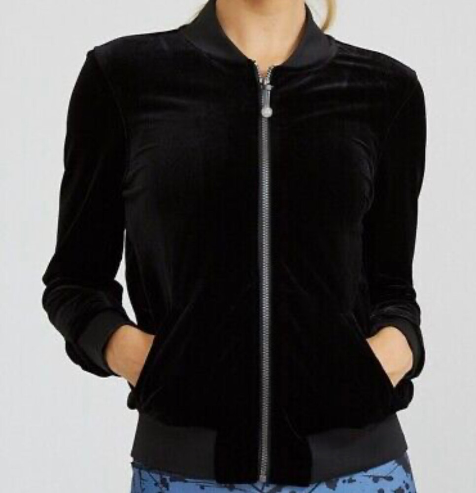 Prism Sport Jacket Womens Size Medium Black Velvet Bomber Zip Ribbed Cuffs